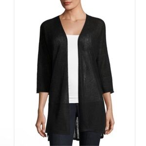 Eileen Fisher Black 3/4-Sleeve 100% Organic Linen knit longline sweater